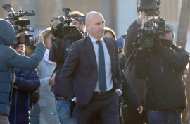 Former Spanish football federation president Luis Rubiales arrives at court for his trial