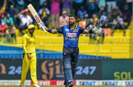Sri Lanka's Kusal Mendis celebrates after scoring a century 