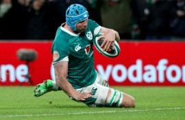 Ireland forward Tadhg Beirne scores a try during the Six Nations match against England in Dublin on February 1, 2025