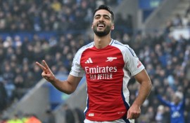 Arsenal's Mikel Merino celebrates after scoring against Leicester
