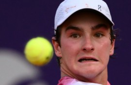 Final push: Joao Fonseca on his way to victory over Laslo Djere in the semi-finals of the Argentina Open on Saturday 