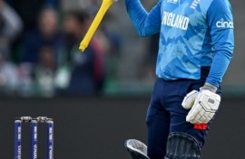 High life: England's Ben Duckett celebrates after passing 150 on Saturday