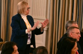 Maine Governor Janet Mills speaks during a gathering of governors at the White House with President Donald Trump