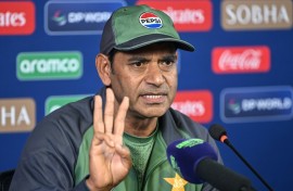 Pakistan's head coach Aaqib Javed speaks to the media