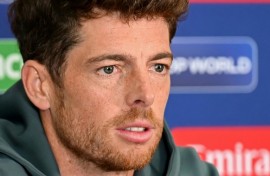 New Zealand's captain Mitchell Santner attends a presser at Gaddafi Stadium in Lahore