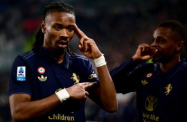 Khephren Thuram (L) celebrates after scoring Juventus' opening goal against Verona