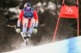 Switzerland's Franjo von Allmen competes during the World Cup downhill race in Kvitfjell, Norway