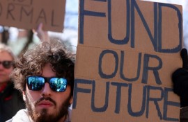 Scientists protest in Washington square park in New York City on March 7, 2025