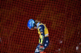 Mikaela Shiffrin reacts after skiing out in the first run of the World cup giant slalom in Are, Sweden