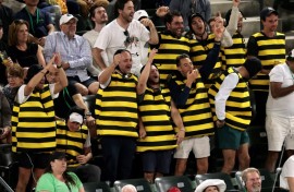 Buzzed: Two-time defending champion Carlos Alcaraz says he got a kick out of fans wearing bee costumes at his third-round victory over Denis Shapovalov at Indian Wells