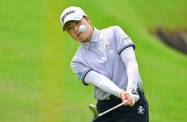 Japan’s Rio Takeda chips during the final round of the LPGA Blue Bay golf tournament at the Jian Lake Blue Bay Golf Club on March 9, 2025.