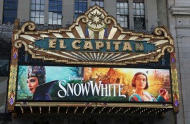 The marquee of the El Capitan Theatre in Los Angeles for the world premiere of Disney's "Snow White" 