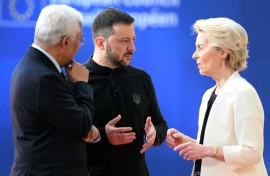 European Council President Antonio Costa, left, and European Commission President Ursula von der Leyen with Ukraine's President Volodymyr Zelensky at an EU summit