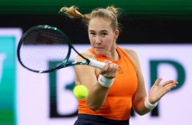 Mirra Andreeva plays a forehand in her third-round victory over Clara Tauson at Indian Wells