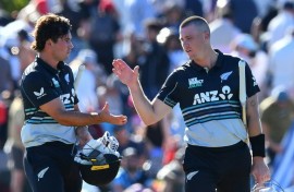 New Zealand's Finn Allen (right) and Tim Robinson celebrate the win against Pakistan