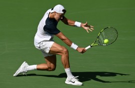 Denmark’s Holger Rune hits a backhand on the way to a semi-final victory over Russian Daniil Medvedev at Indian Wells