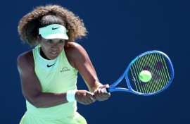 Japan's Naomi Osaka fires a backhand in her first-round win over Ukrainian qualifier Yuliia Starodubtseva at the Miami Open