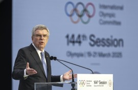 International Olympic Committee president Thomas Bach gives his address at the opening of the final IOC session he will preside over