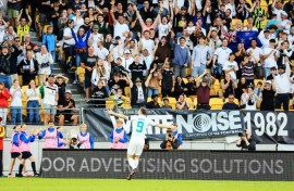 Chris Wood celebrates his early goal against Fiji