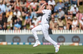 Bowling along: England paceman Gus Atkinson in action against New Zealand during the second Test in Wellington in December