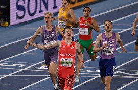 Norway's Jakob Ingebrigtsen celebrates after winning the men's 1500m final during the Indoor World Athletics Championships in Nanjing, China