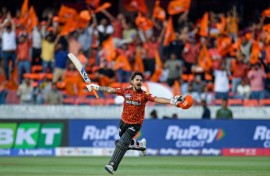 Sunrisers Hyderabad's Ishan Kishan celebrates after scoring a century during his side's defeat of Rajasthan Royals in the IPL