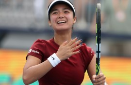 Alexandra Eala of Philippines celebrates her win against Madison Keys in the third round of the Miami Open on Sunday.