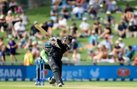 New Zealand's Mark Chapman plays a shot on his way to a centuiry againmst Pakistan in the first ODI at McLean Park in Napier
