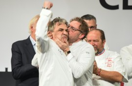 Chef Jerome Banctel celebrates earning three stars for his restaurant Le Gabriel in Paris last year