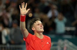Czech teen Jakub Mensik celebrates after defeating Novak Djokovic of Serbia to win the Miami Open ATP Masters title