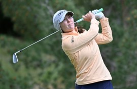 Brittany Altomare tees off at the fifth hole on the way to a tie with world number one Nelly Korda on the first day of the LPGA Match Play
