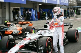 Red Bull's Max Verstappen celebrates taking pole position