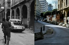 A combination of pictures shows Palestinian fighters (L) walking past the Maarad arcades towards a car parked on the deserted street in downtown Beirut on July 21, 1982 and pedestrians (R) walking in the same area on April 10, 2025