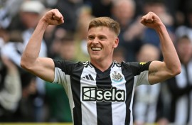 Newcastle's Harvey Barnes celebrates scoring against Manchester United