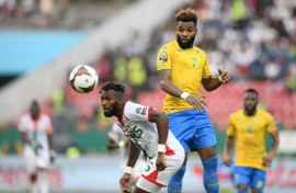 Aaron Boupendza (R) was in the Gabon team that lost to Burkina Faso in the last 16 of the 2022 Africa Cup of Nations