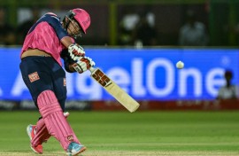 Swashbuckling teenager: Vaibhav Suryavanshi hits a six for Rajasthan Royals on Saturday