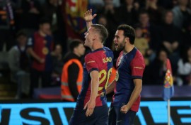 Barcelona's Spanish playmaker Dani Olmo celebrates scoring his team's opener against Mallorca