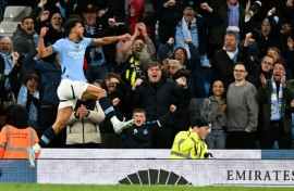 Manchester City's Matheus Nunes celebrates after scoring against Aston Villa