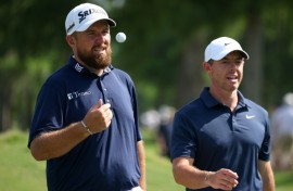 Defending champions Shane Lowry, left, and Rory McIlroy, right, combined to fire a 69 to move into contention after two rounds of the PGA Zurich Classic