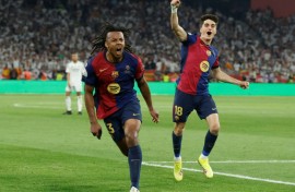 Barcelona's French defender Jules Kounde celebrates scoring his team's Copa del Rey final winner