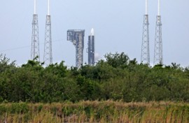 An Atlas V rocket of United Launch Alliance (ULA) is seen fueling at Space Launch Complex 41 at the Kennedy Space Center in Cape Canaveral, Florida, at dusk on April 9, 2025