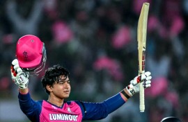 Vaibhav Suryavanshi celebrates after reaching his century