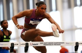 Masai Russell won the 100m hurdles at the Miami Grand Slam Track meeting with the second fastest time in history
