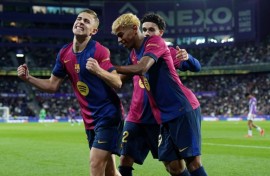 Barcelona midfielder Fermin Lopez celebrates scoring the winner against Valladolid