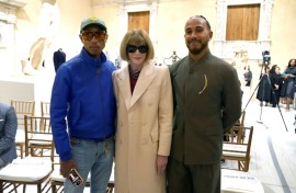 Pharrell Williams (L) and Lewis Hamilton (R), posing with Vogue editor Anna Wintour, are two of the co-chairs of the Met Gala