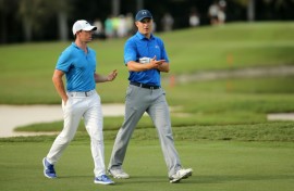 American Jordan Spieth, right, seeks a PGA Championship victory to complete a career Grand Slam and takes inspiration from Northern Ireland's Rory McIlroy, left, winning the Masters to complete his own career Slam