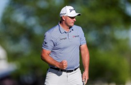 Sepp Straka of Austria reacts after a par at 18 on the way to a share of the 54-hole lead at the PGA Tour Truist Championship