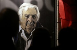 A portrait of late Uruguayan president Jose Mujica at the headquarters of the Broad Front left-wing coalition in Montevideo, after his death from cancer aged 89