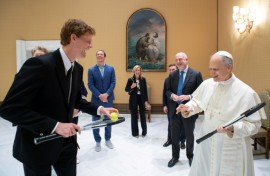 This photo taken and handout on May 14, 2025 by The Vatican Media shows Pope Leo XIV during a private audience with Italy's tennis player Jannik Sinner, in The Vatican.