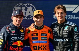 (From L) Second-placed Red Bull Racing's Max Verstappen, first-placed McLaren's Oscar Piastri and third-placed Mercedes' George Russell after qualifying for the Emilia Romagna Formula One Grand Prix at Imola